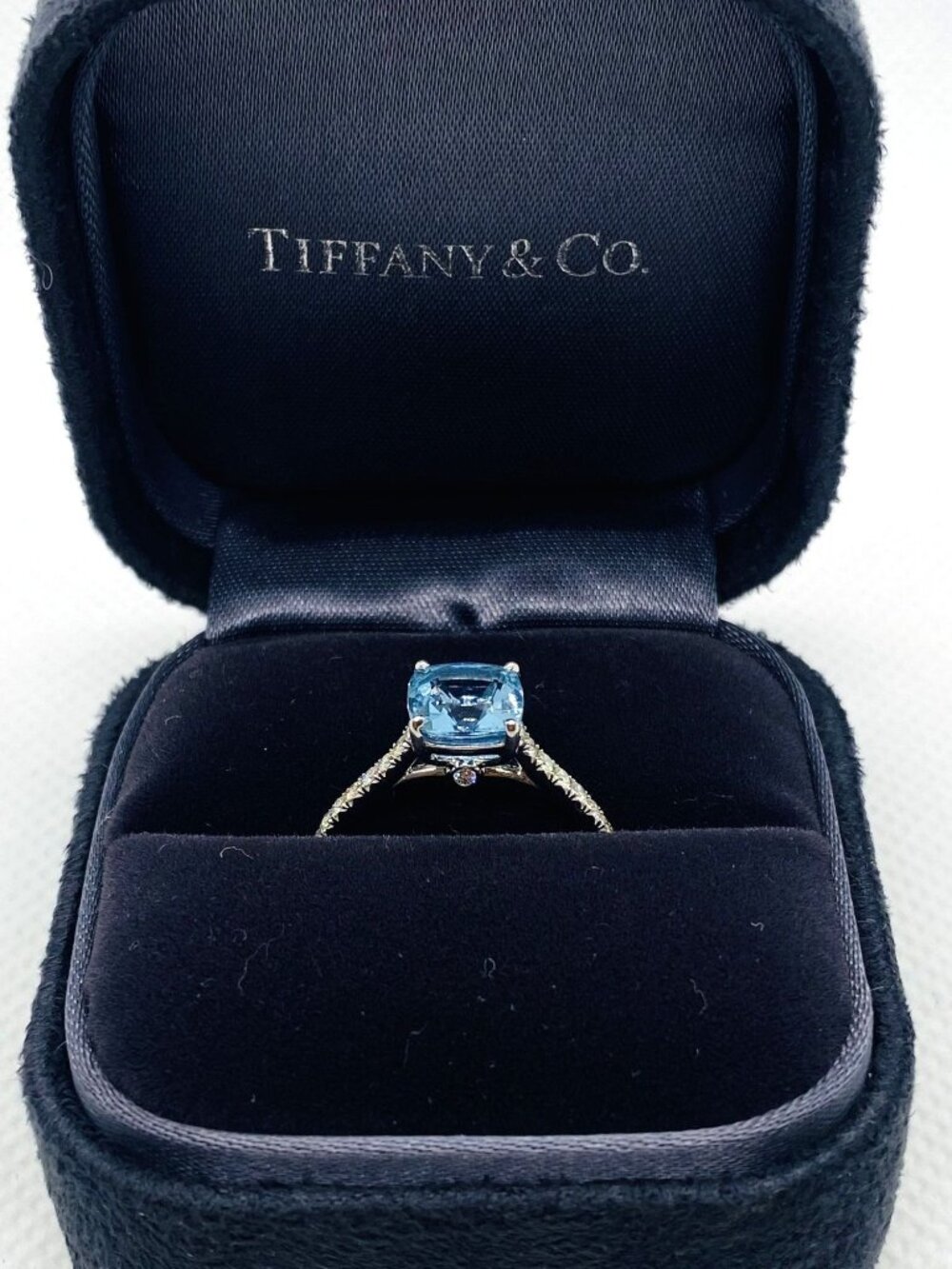 Tiffany & Co Platinum Aquamarine Diamond Ring Size 5.75